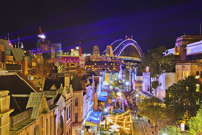 Sydney cityscape at night featuring iconic bridge