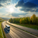 Truck driving on highway beside forest