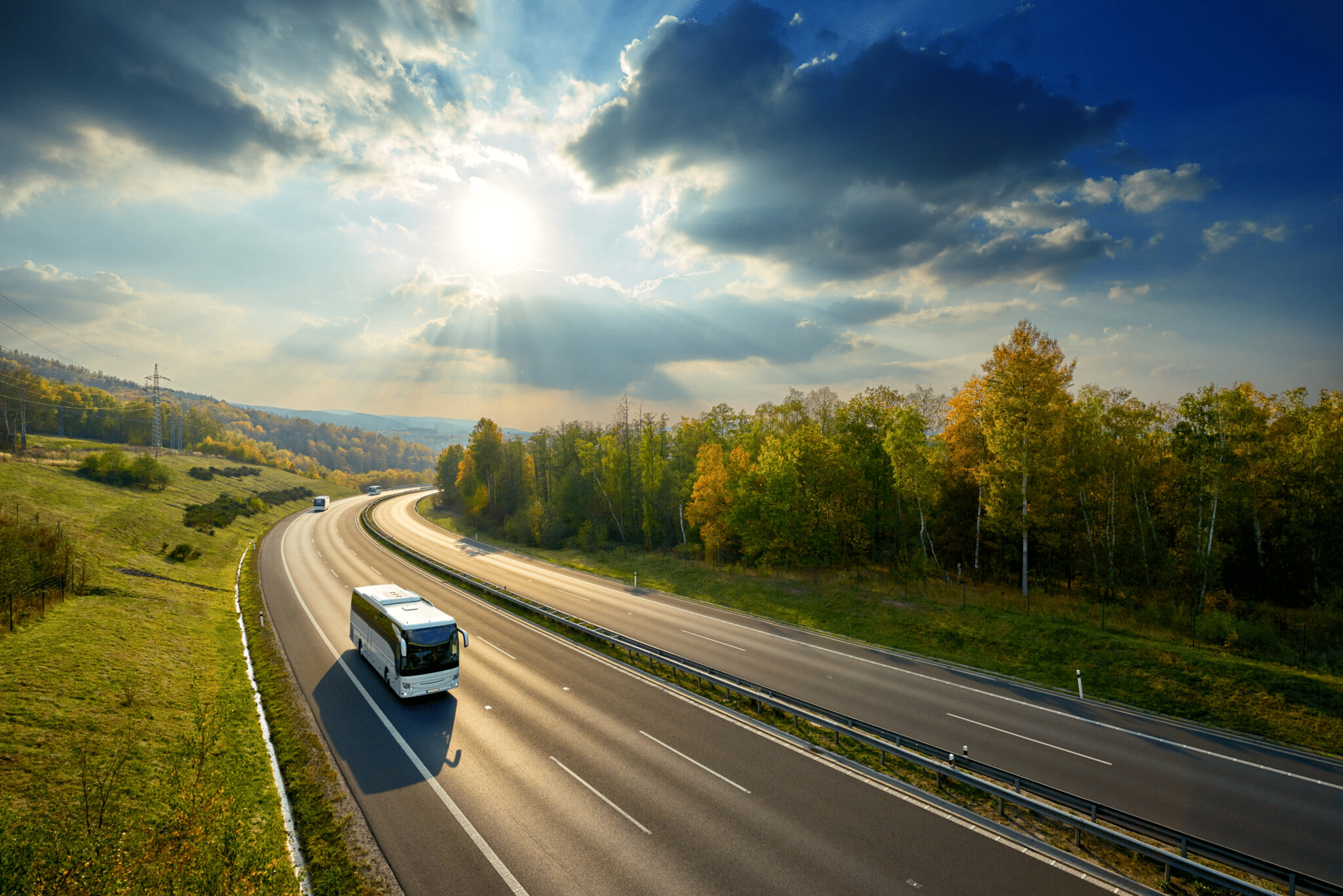 Truck driving on highway beside forest