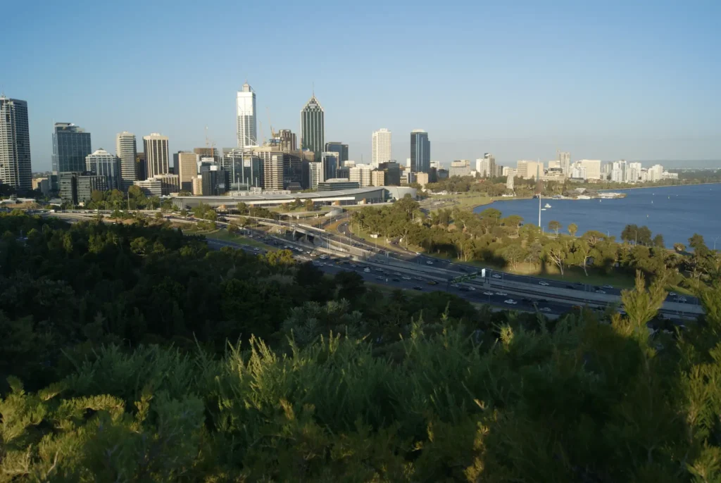 view of perth city skyline from a hilltop