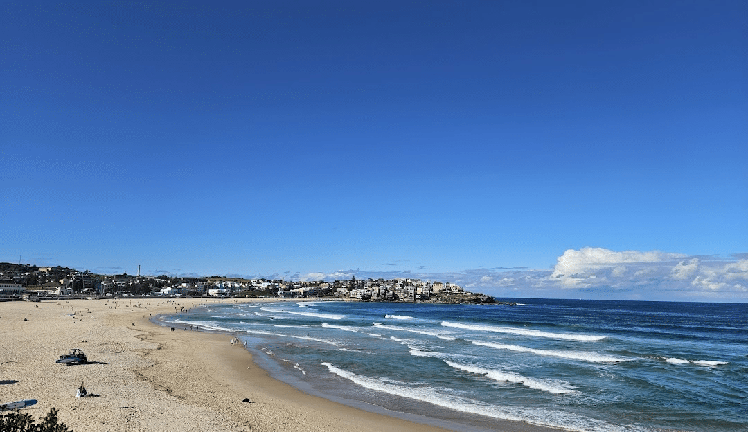 View of Sydney beach with city skyline in background