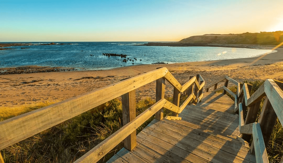 Wooden walkway leading to Melbourne beach in spring