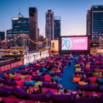 Young adults seated on bean bags enjoying a movie