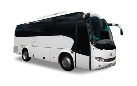 A white and black bus is parked on a plain white background, with tinted windows and side mirrors, suggesting a modern, streamlined design suitable for travel or tours.