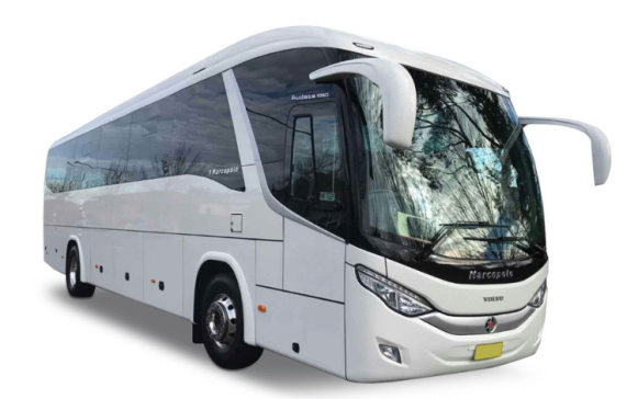 A white bus labeled "Marcopolo Volvo Audace 1050" is parked in isolation against a plain backdrop. The bus is equipped with large side mirrors and multiple windows.
